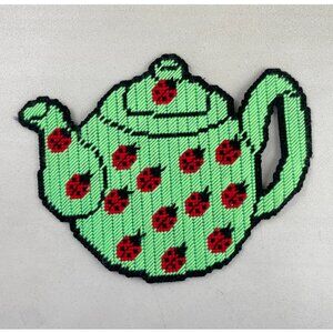 Vintage Trivet Lady Bugs Hot Pad Needlepoint Teapot Shape Green Red Handmade